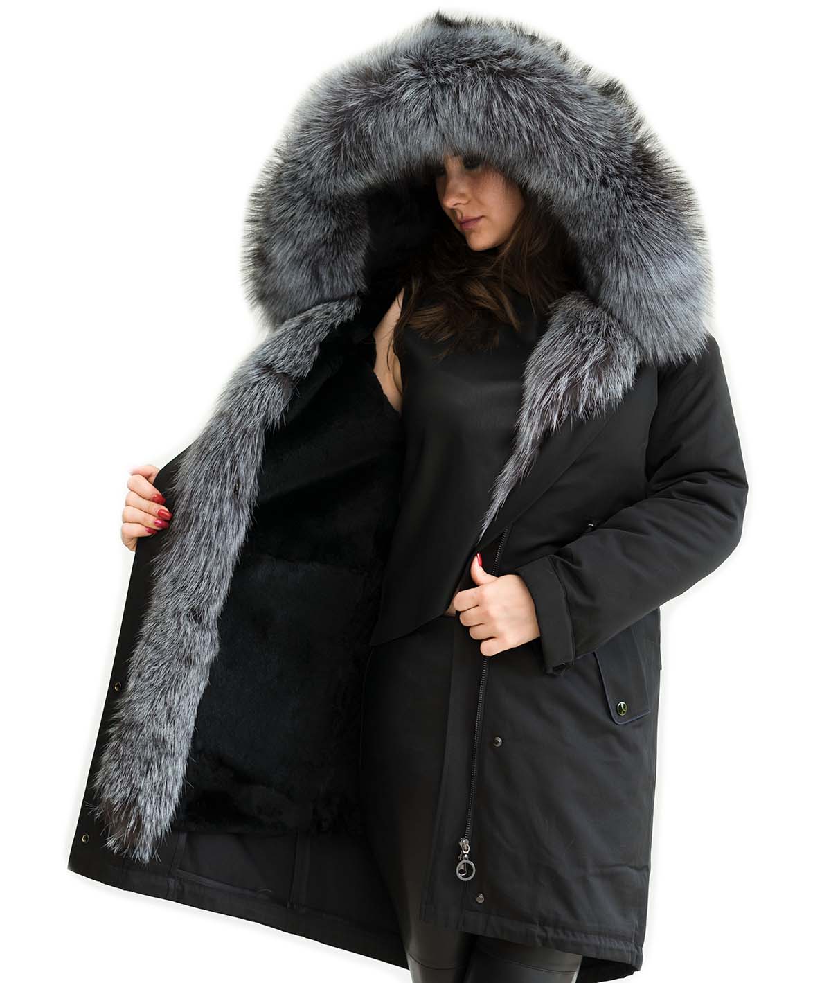 Parka mit Echtfell XXL Pelzkragen aus Silberfuchs