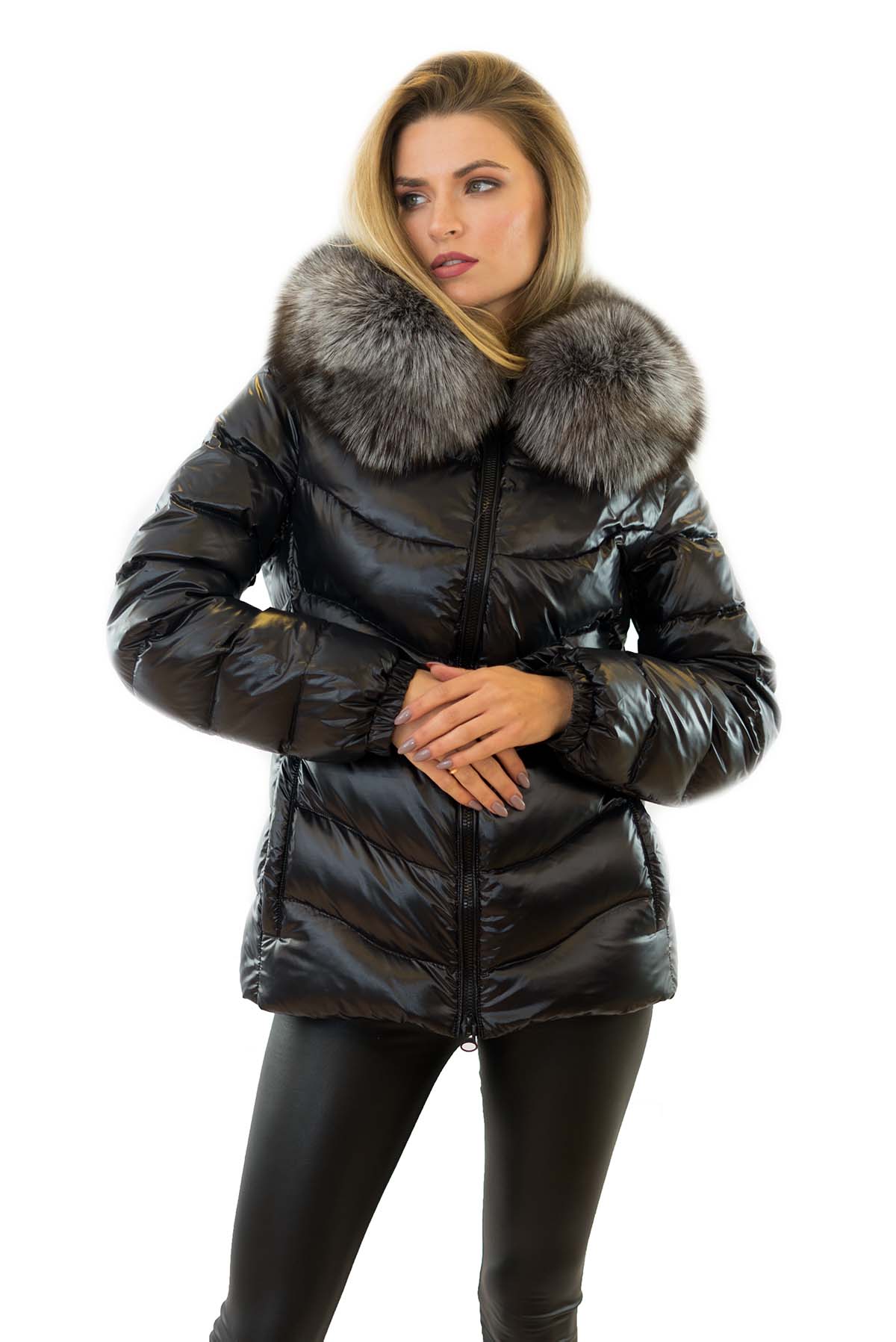 Pufferjacke mit Echtpelz Pelzkragen Silberfuchs Echtfell
