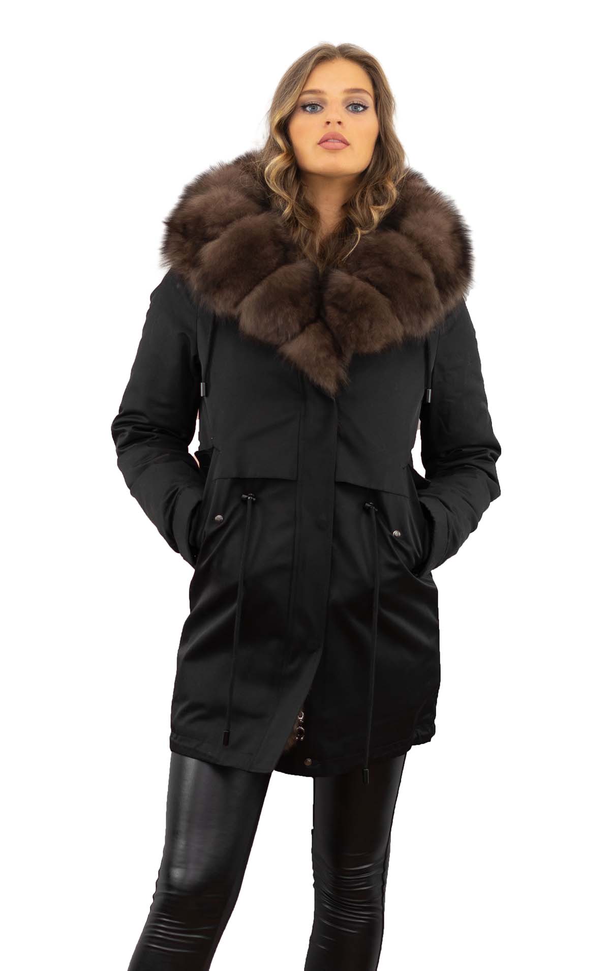 Parka schwarz mit Echtfell XXL Pelzkragen aus Fuchs