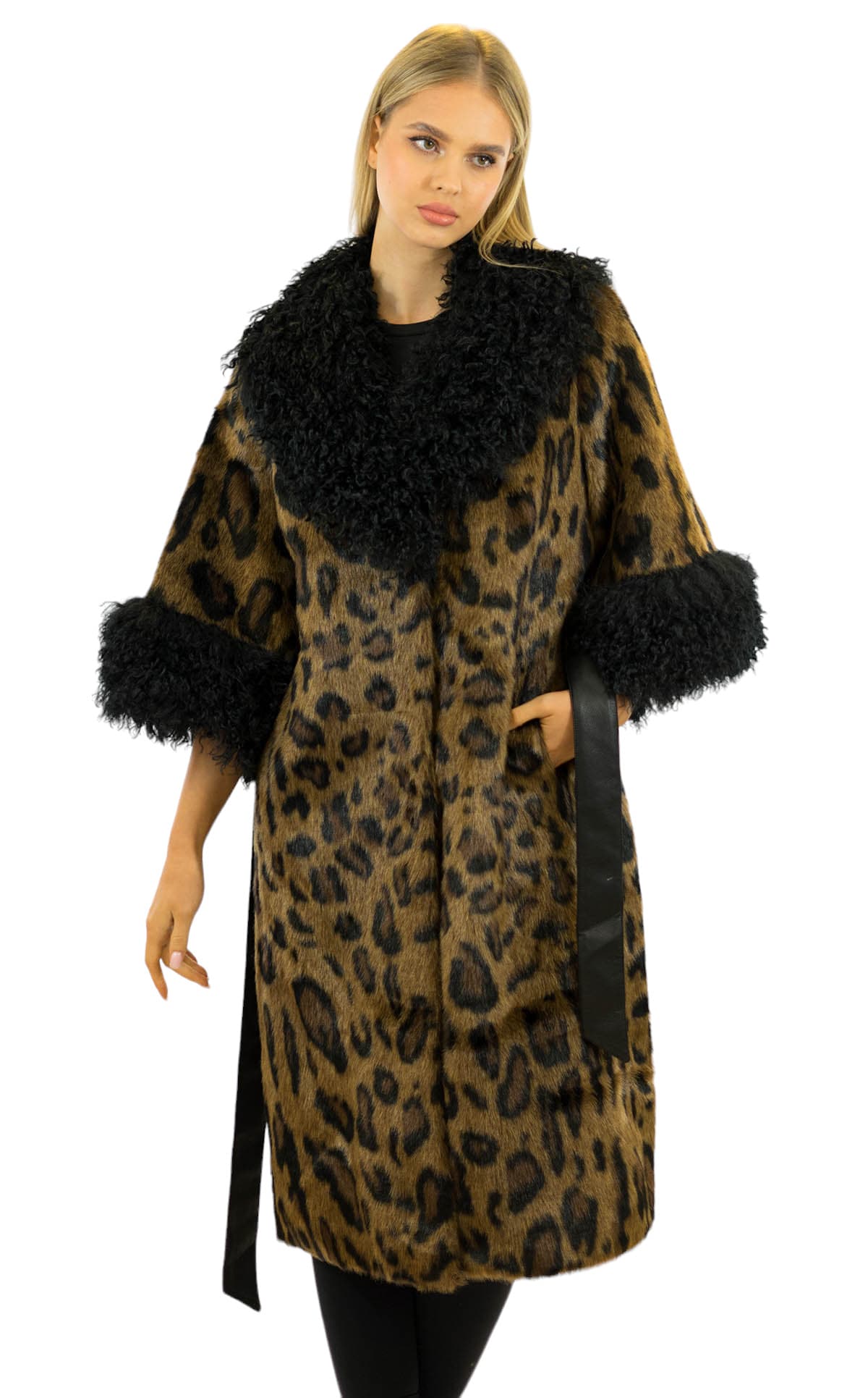 Kunstpelzmantel in Animal Print Leopard Webpelz Kunstfell Mantel