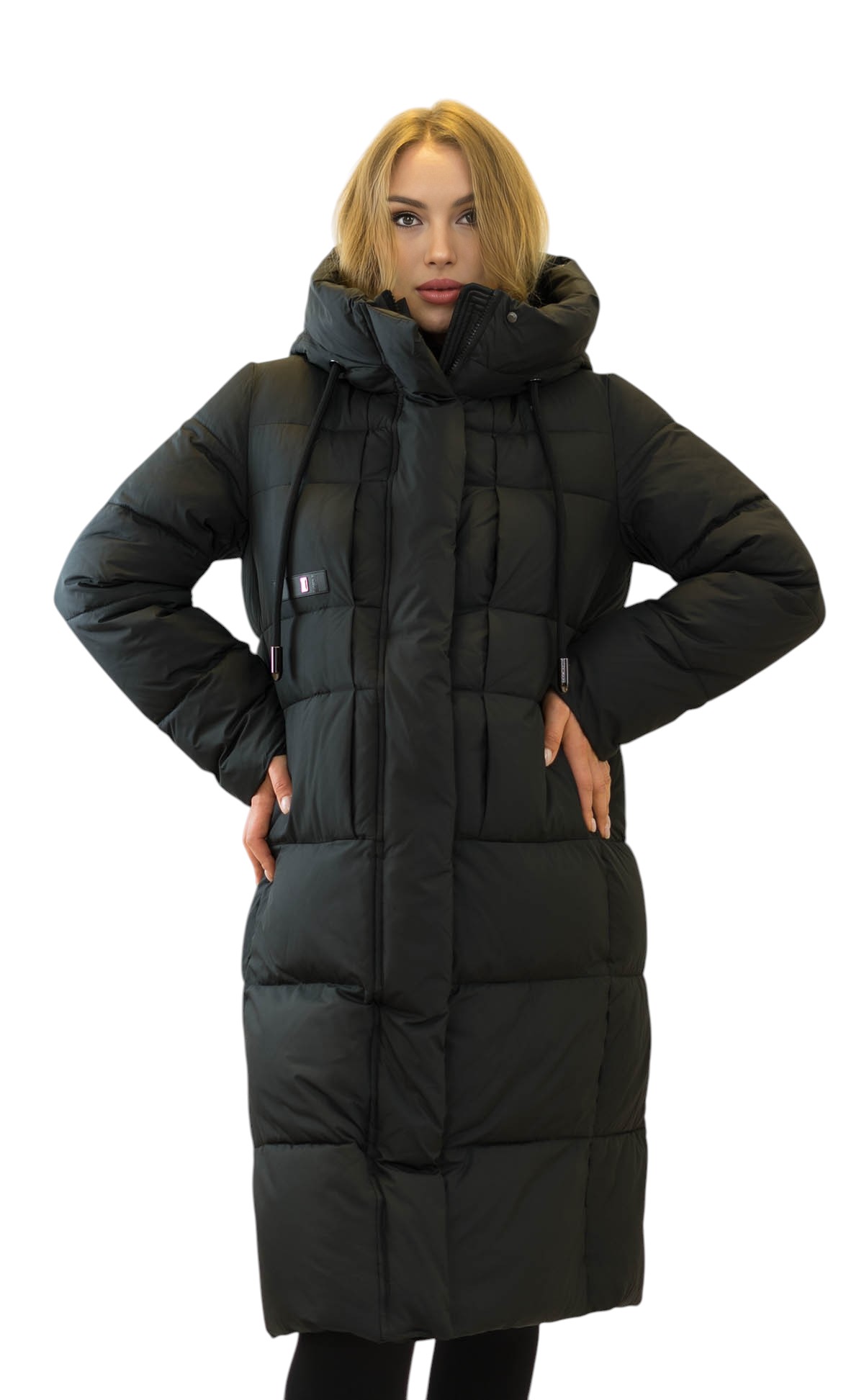 Wintermantel Lang in Schwarz mit Kapuze und gesteppt