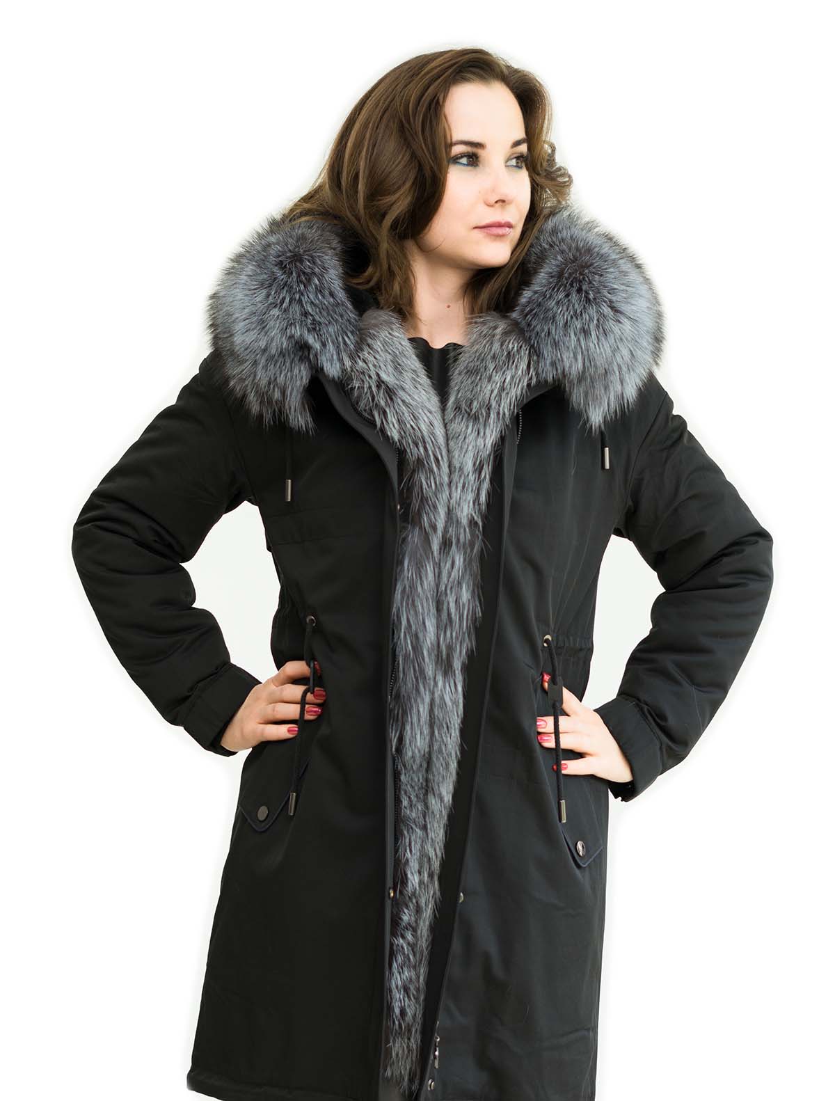 Parka schwarz mit Echtpelz XXL Pelzkragen aus Silberfuchs, abknöpfbares Innenfell Kanin