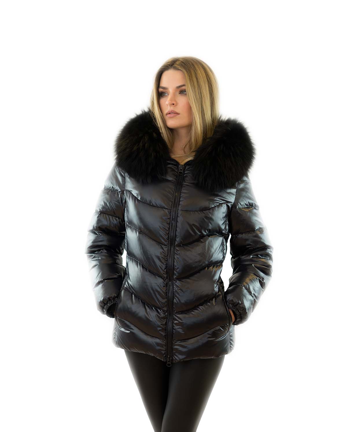 Daunenjacke mit Echtpelz Pufferjacke mit Echtfell Finnraccoon Fellkapuze