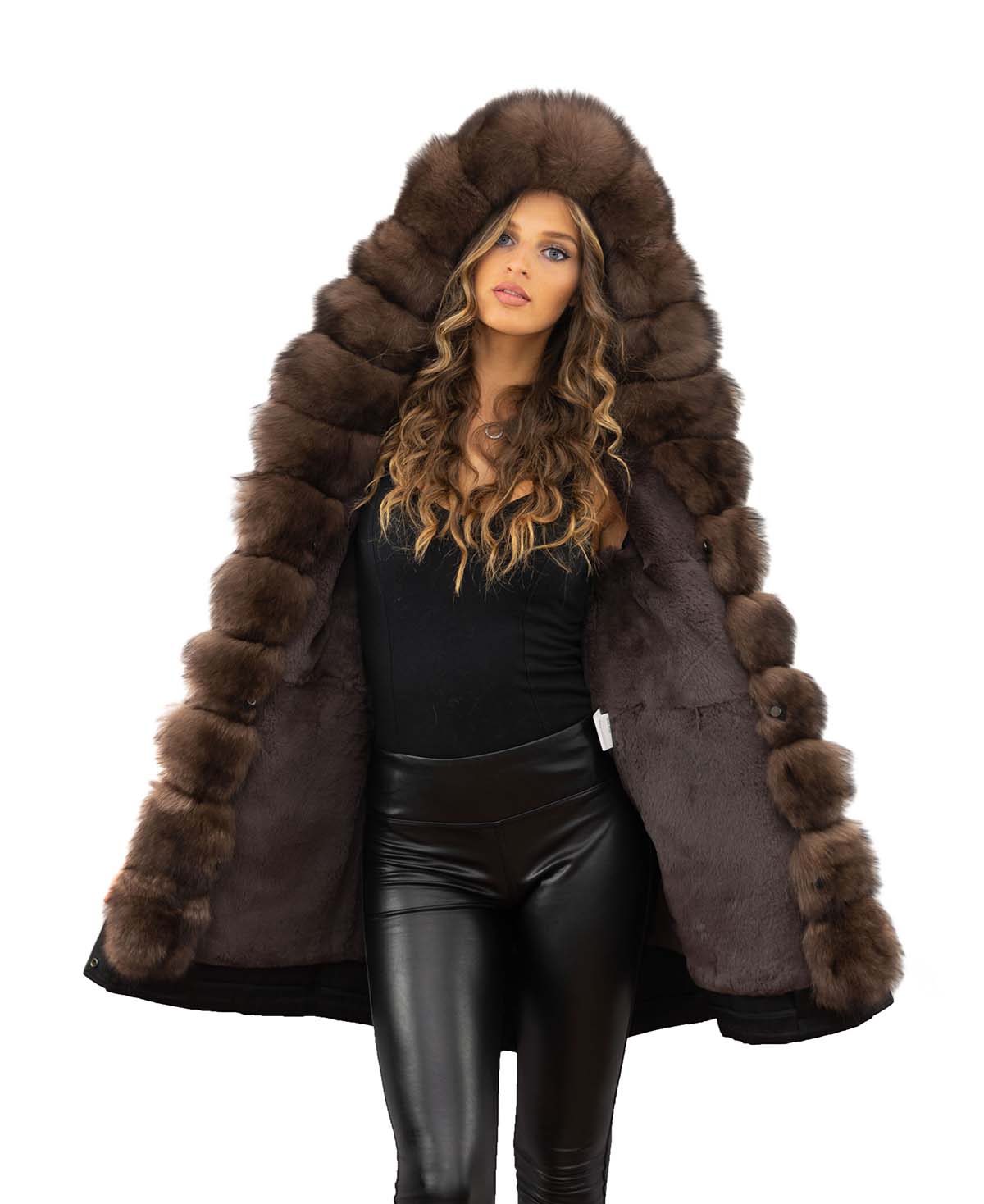 Premium Qualität Damenparka mit XXL Pelzkragen aus Fuchs abknöpfbares Innenfell Kanin   K