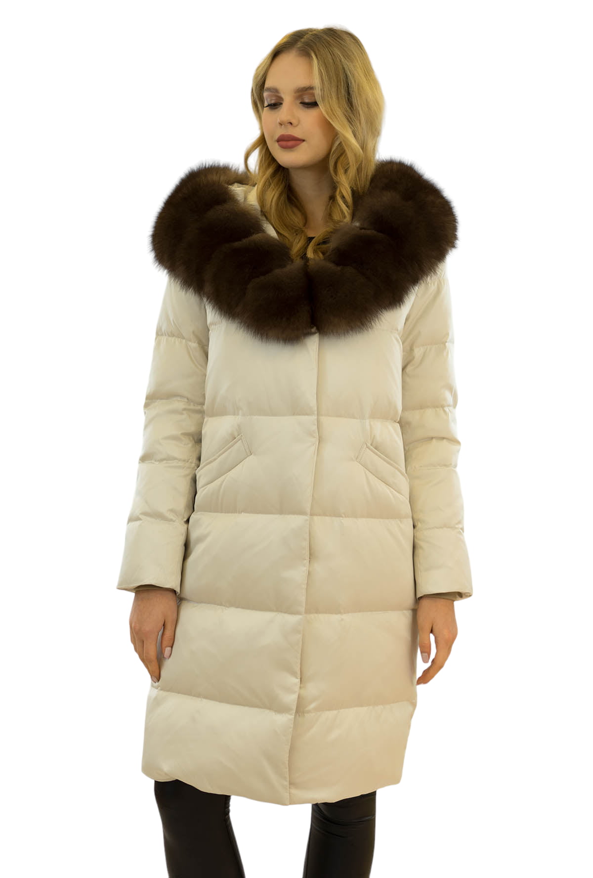must-have daunenmantel cremeweiß fuchs pelzbesatz