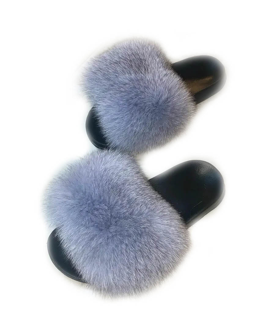 Echtfell Pantoffeln grau blau aus Fuchs