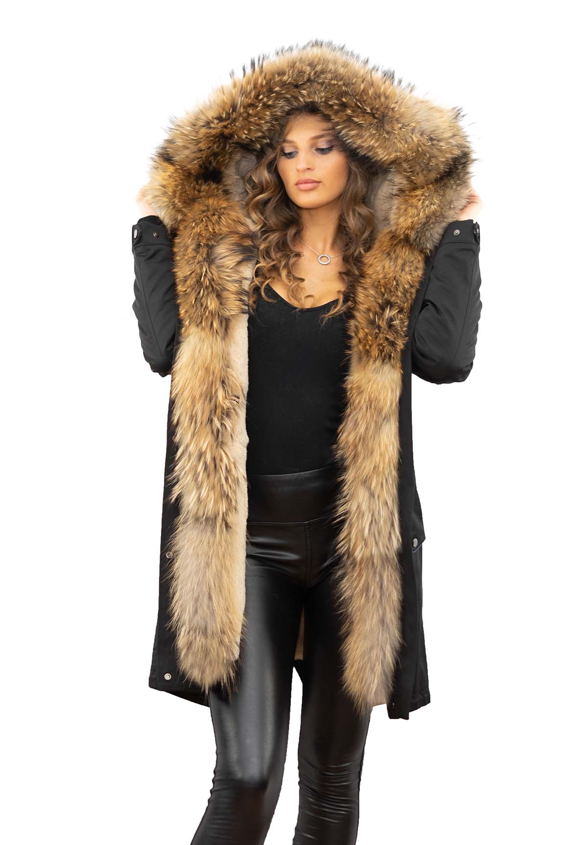 Glamorous Parka mit Echtfell xxlpelzkragen Finnraccoon Echtes Fell Innenfutter Rex Kanin