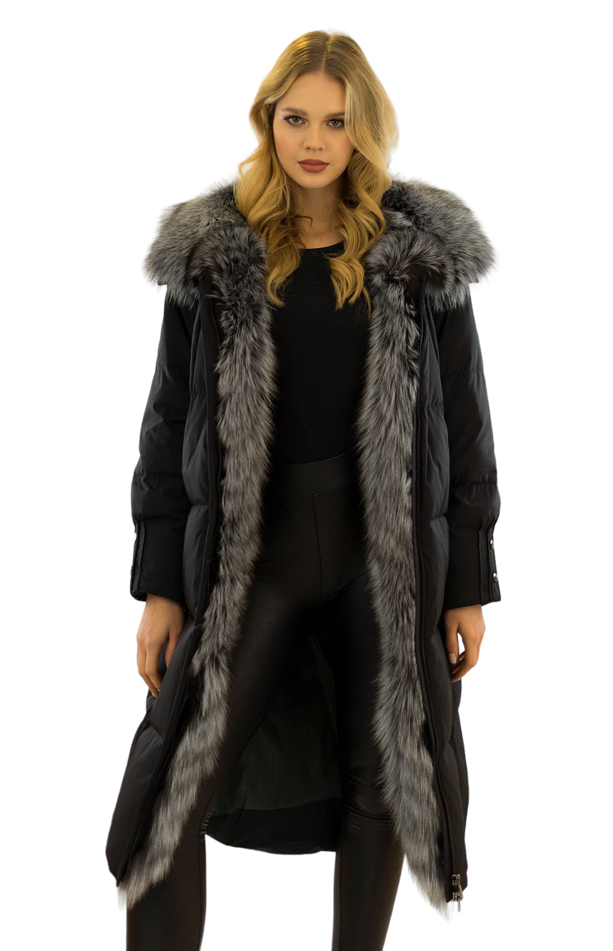 eleganter langer Wintermantel mit Daunenfüllung und Echtpelz