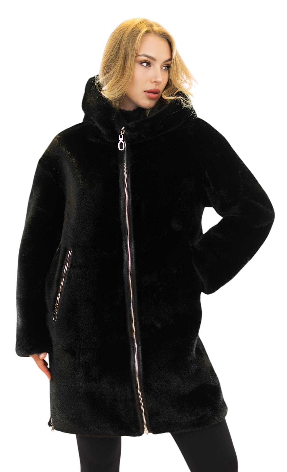Kunstfell Mantel Schwarz Nerzlook und Lederlook