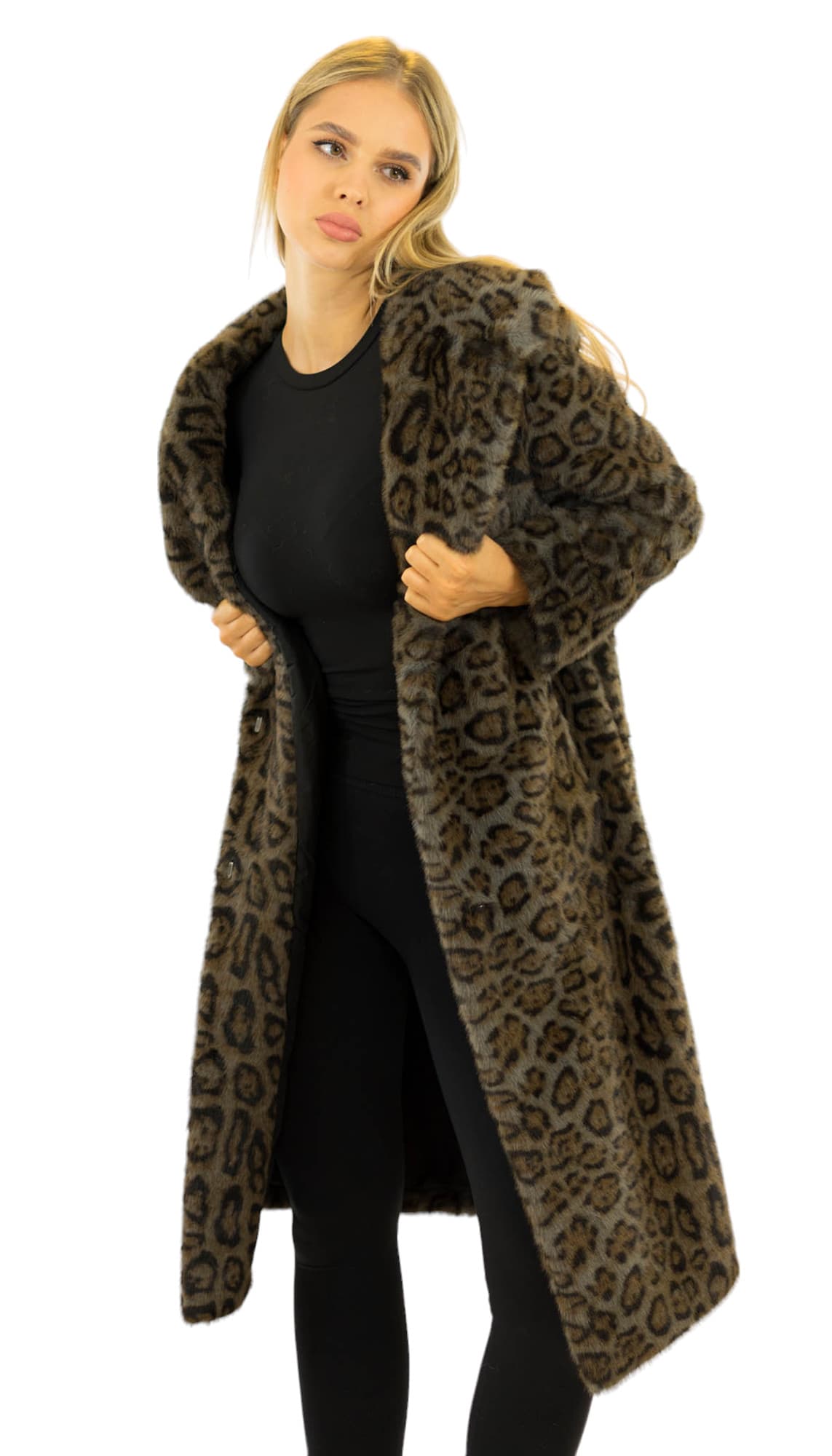 Kunstpelzmantel in Animal Print Leopard Webpelz Kunstfell Mantel
