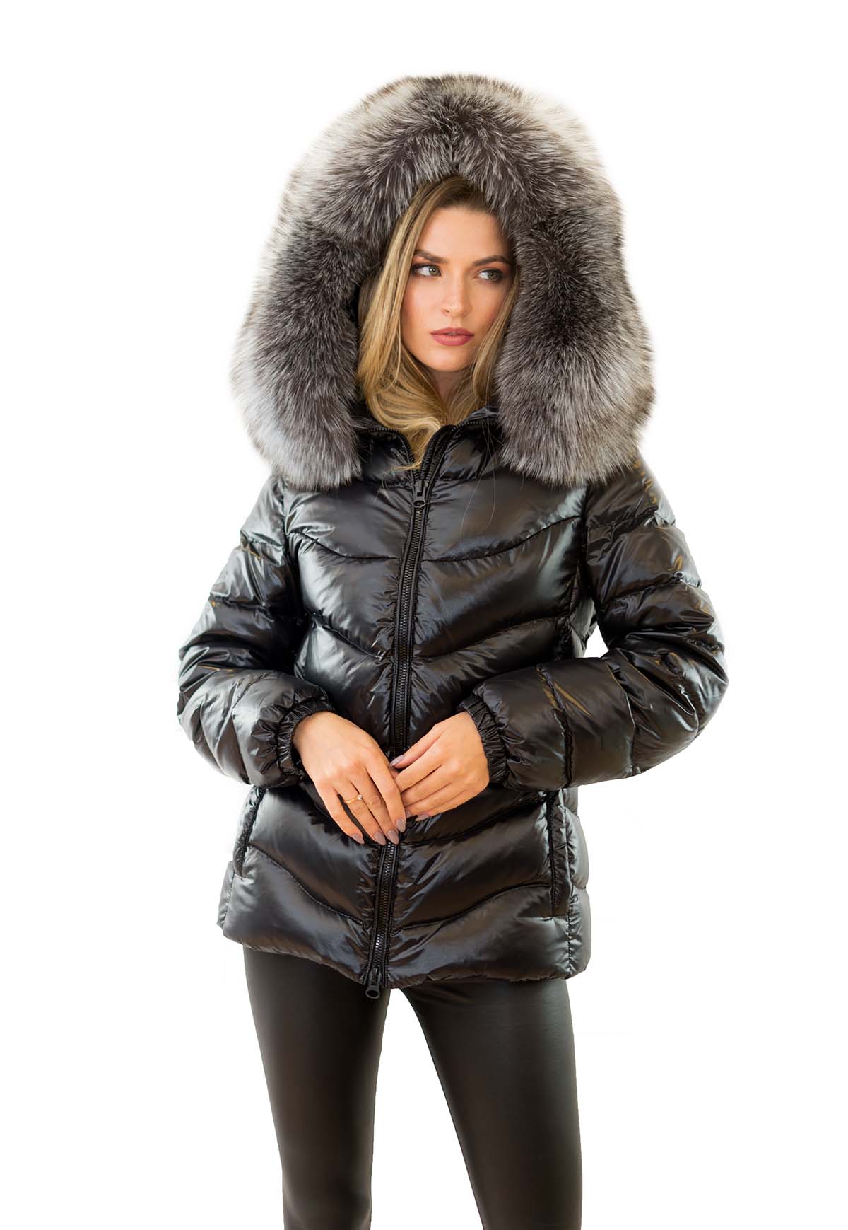 Daunenjacke mit Echtpelz Pufferjacke mit Echtfell Silberfuchs Fellkapuze