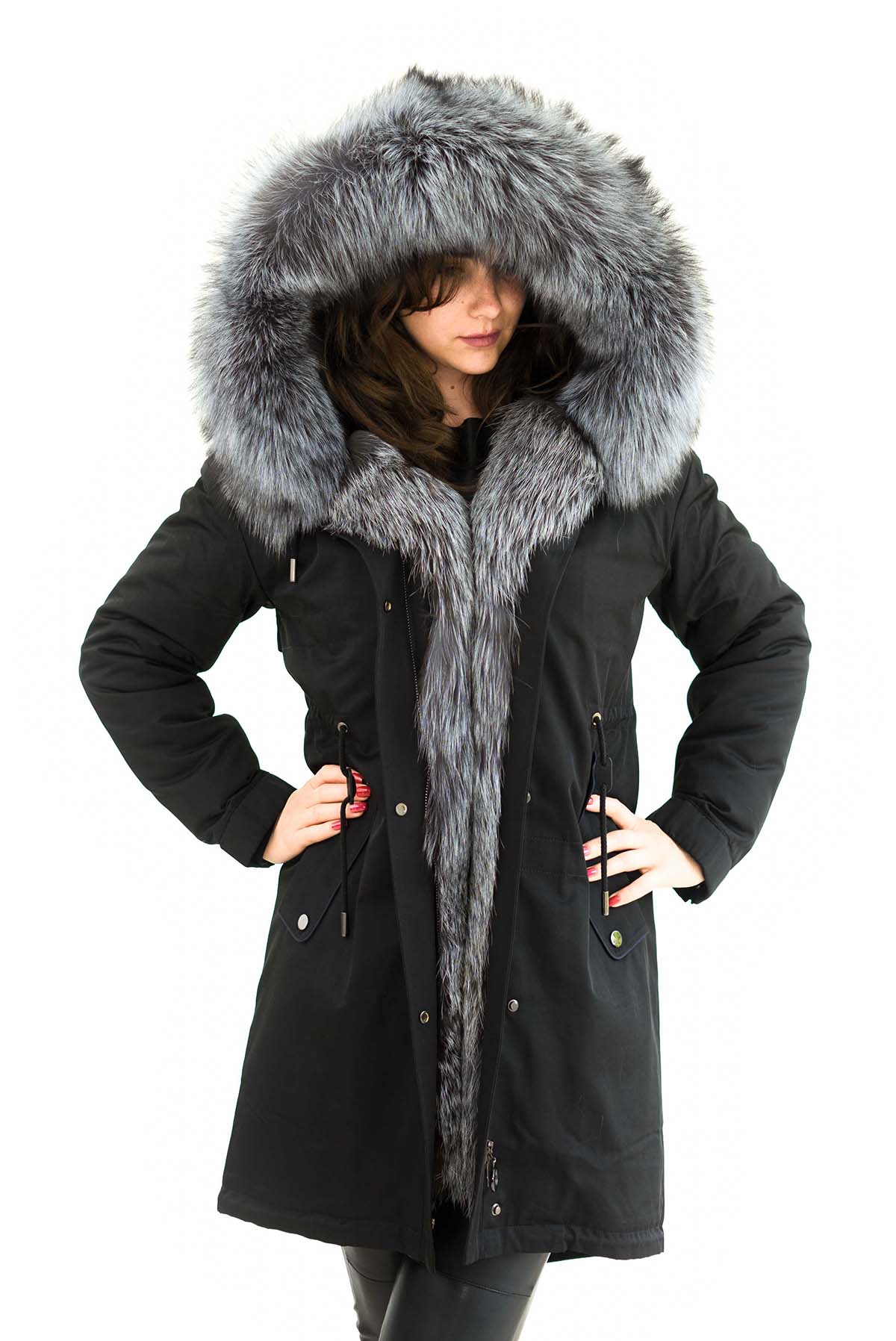 Parka schwarz mit Echtpelz XXL Pelzkragen aus Silberfuchs, Echtfell Innenfell