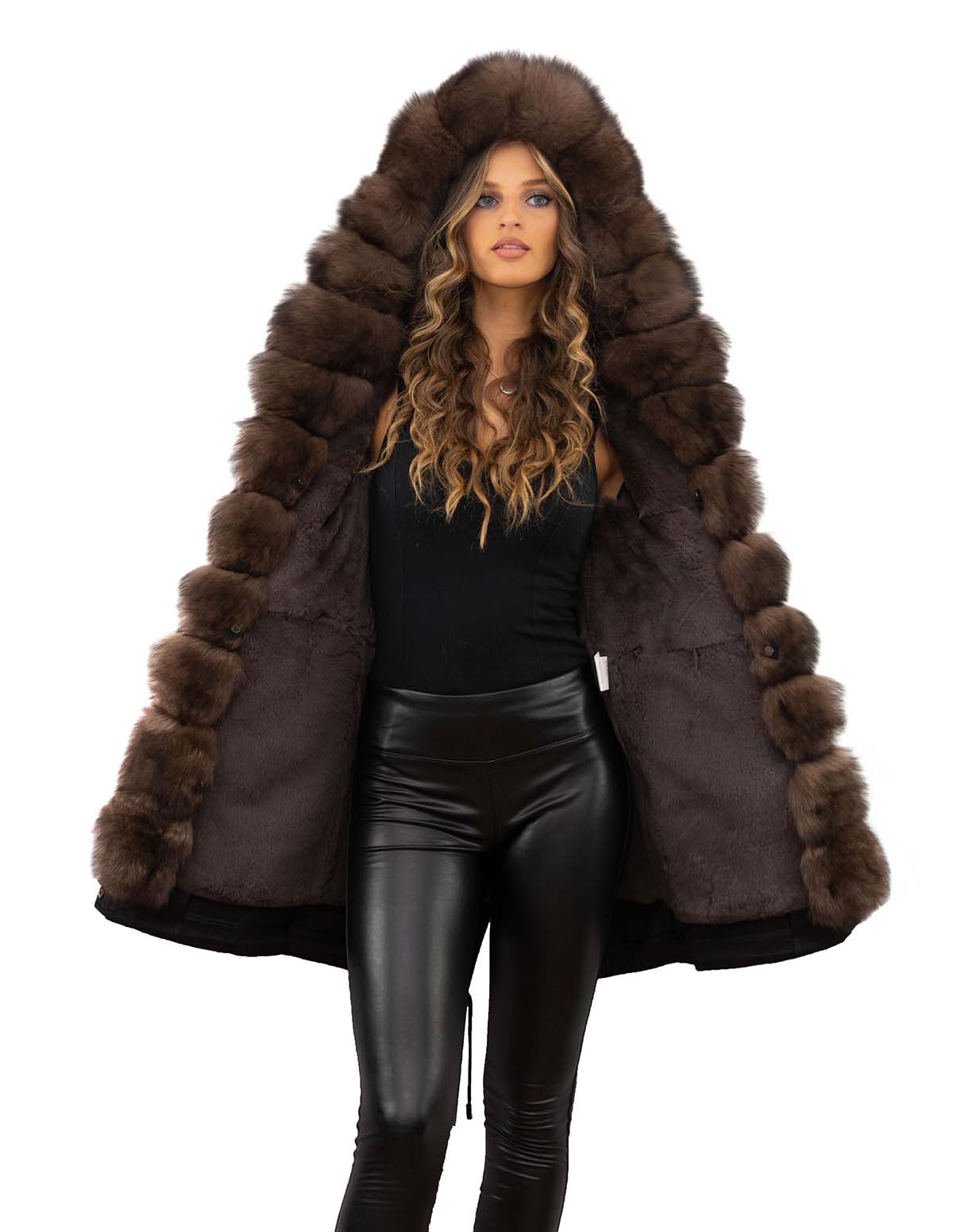 Parka schwarz mit Echtfell XXL Pelzkragen aus Fuchs premium Qualität