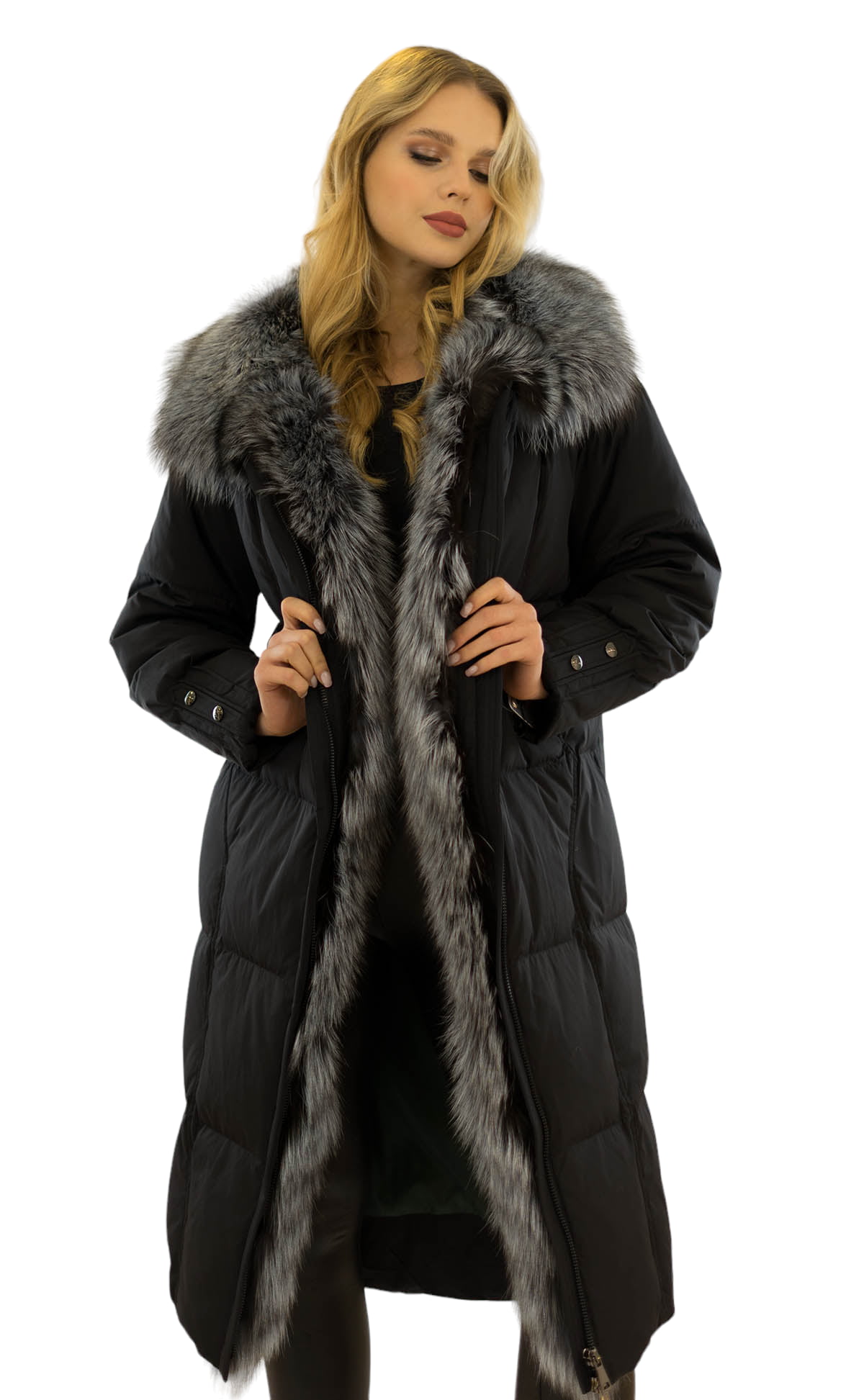Black Winter Coat with Silver Fox Fur Hood and real Fur Collar