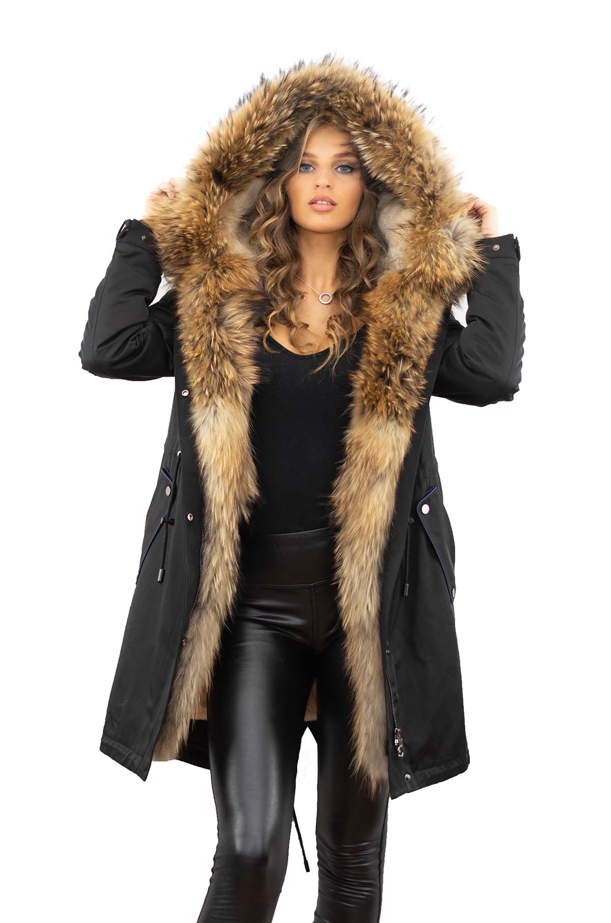 Parka mit Echtfell xxl Pelzkragen aus Finnraccoon Echtpelz Innenfell Rex Kaninfell