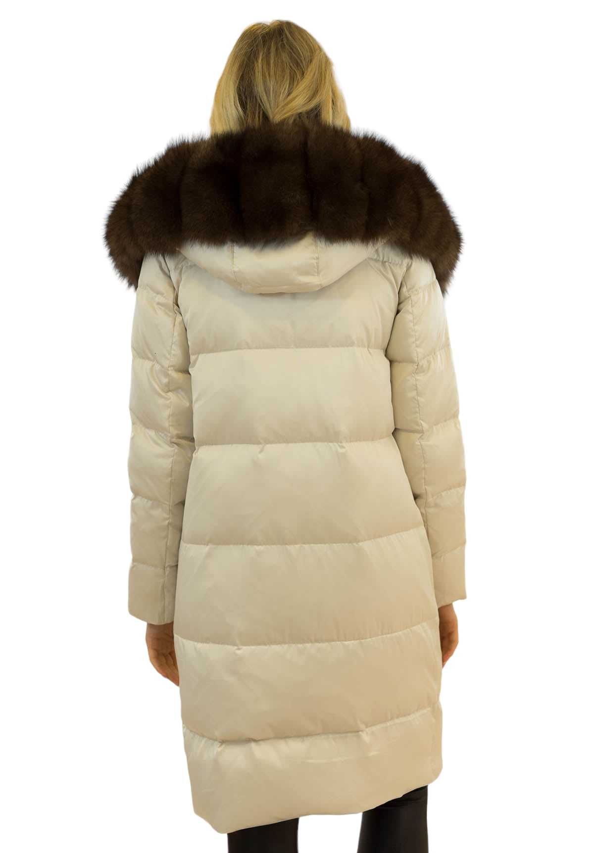 cremeweißer wintermantel daunenmantel mit echtpelzbesatz