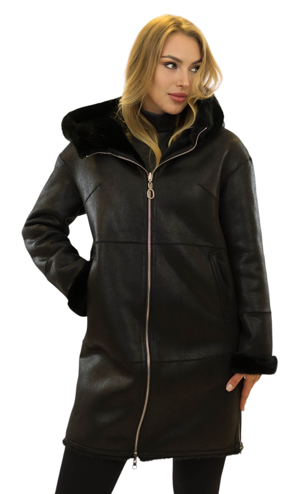 Wendemantel Damen Faux Fur Nerzmantel Webpelz Ledermantel Lederoptik