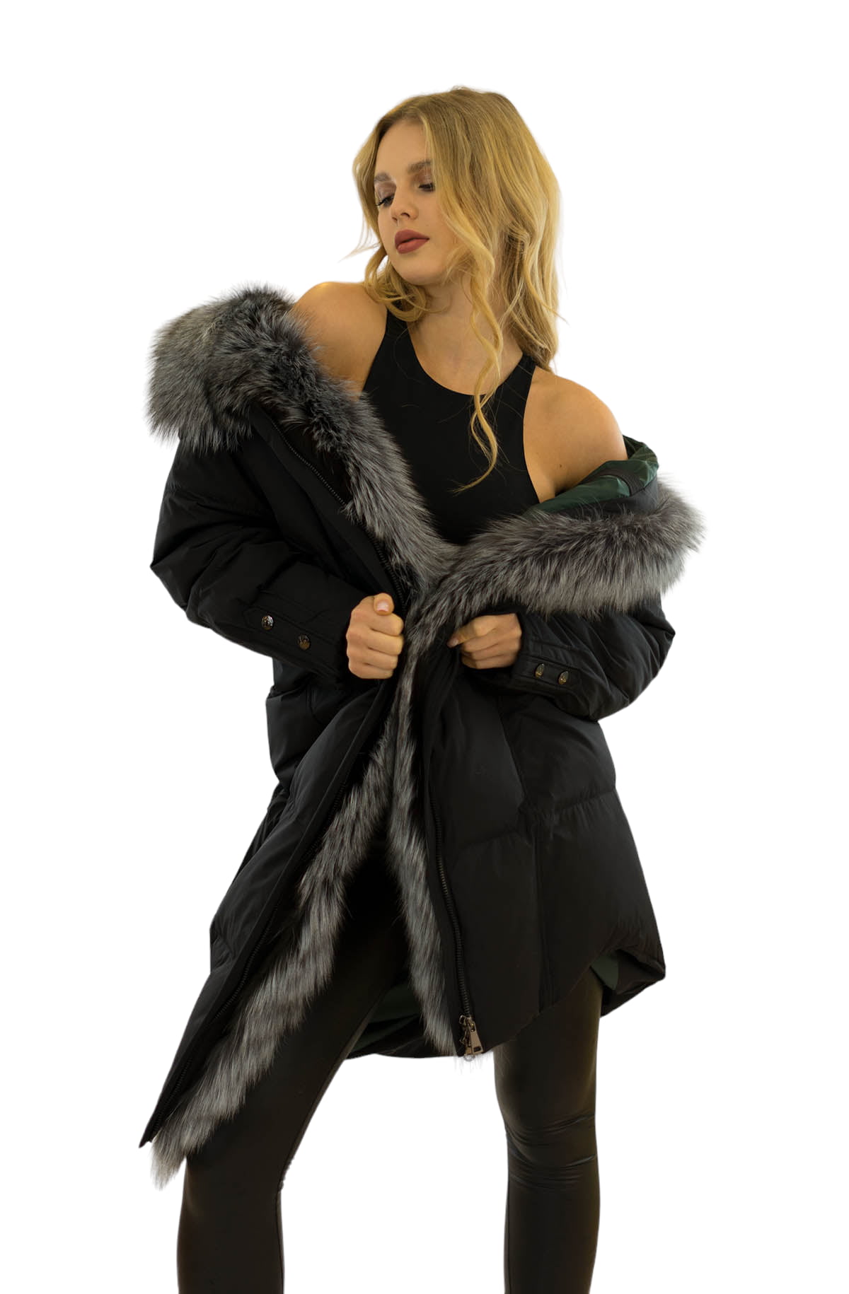 black puffer coat with authentic fur collar real fur