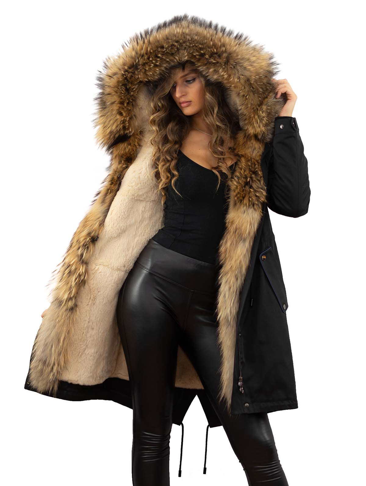 Glamorous Parka mit Echtfell xxlpelzkragen Finnraccoon Echtes Fell Innenfutter Rex Kanin