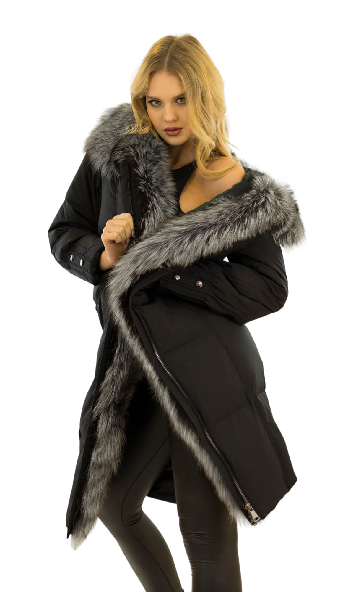 black down coat with fur hood real fox fur collar