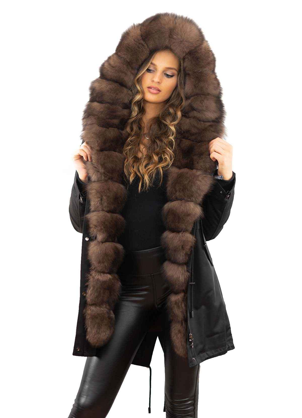 Winterparka schwarz mit Echtpelz xxl Pelzkragen aus Fuchs abknöpfbares Innenfell Kanin