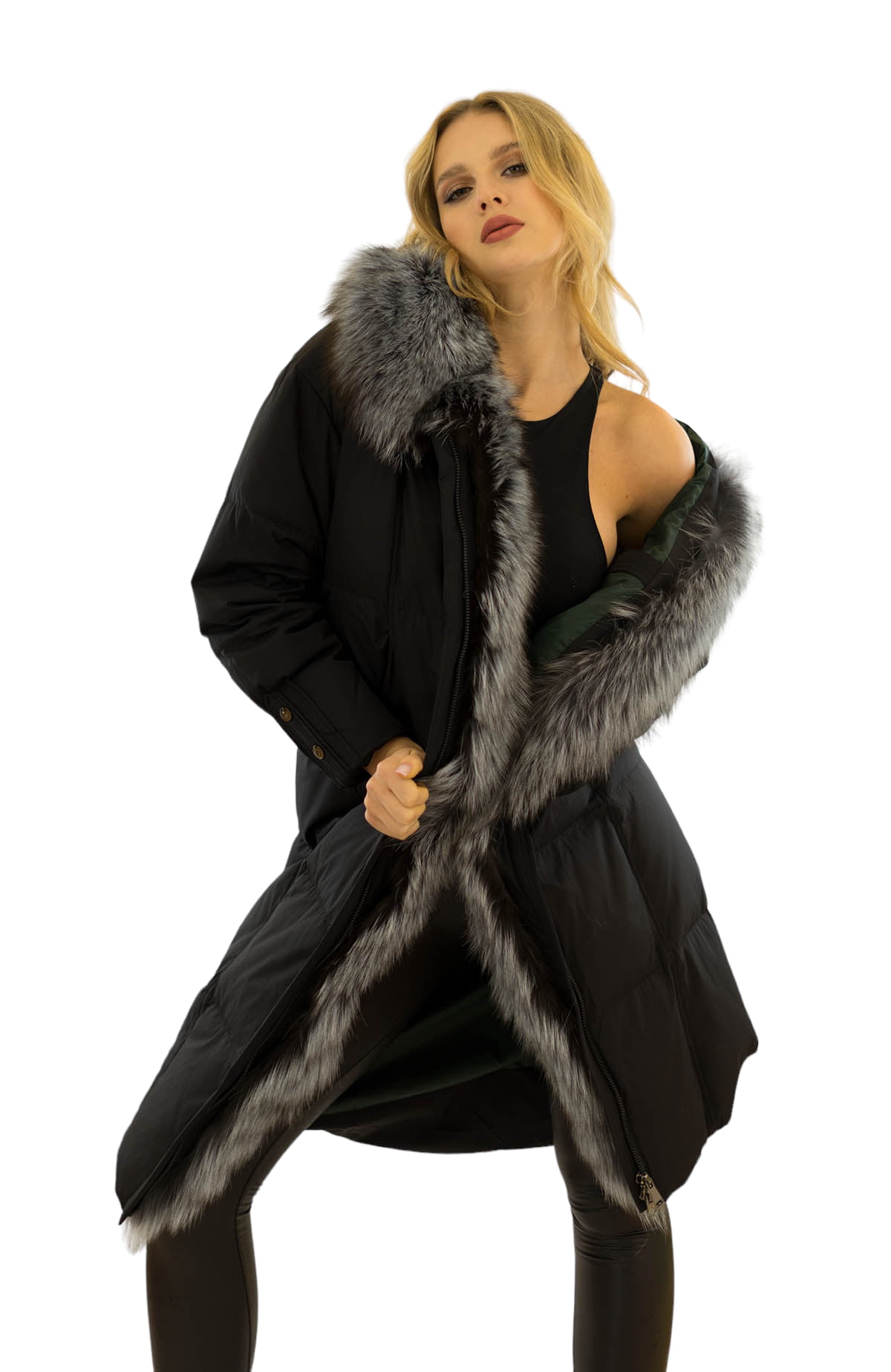 must-have schwarzer daunenmantel  wintermantel fuchs pelzbesatz