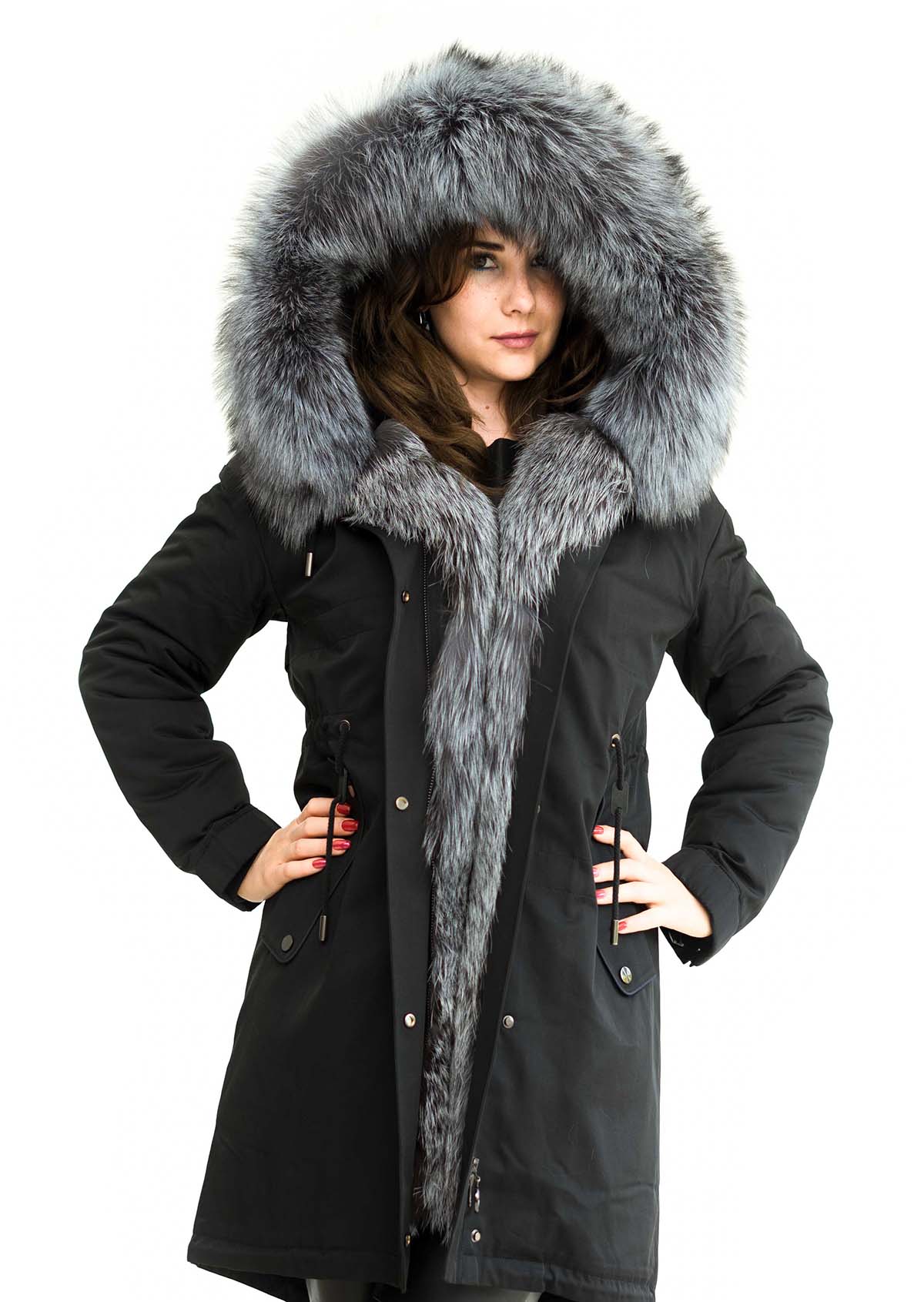 Parka schwarz mit Echtpelz XXL Pelzkragen aus Silberfuchs, echtes Fell