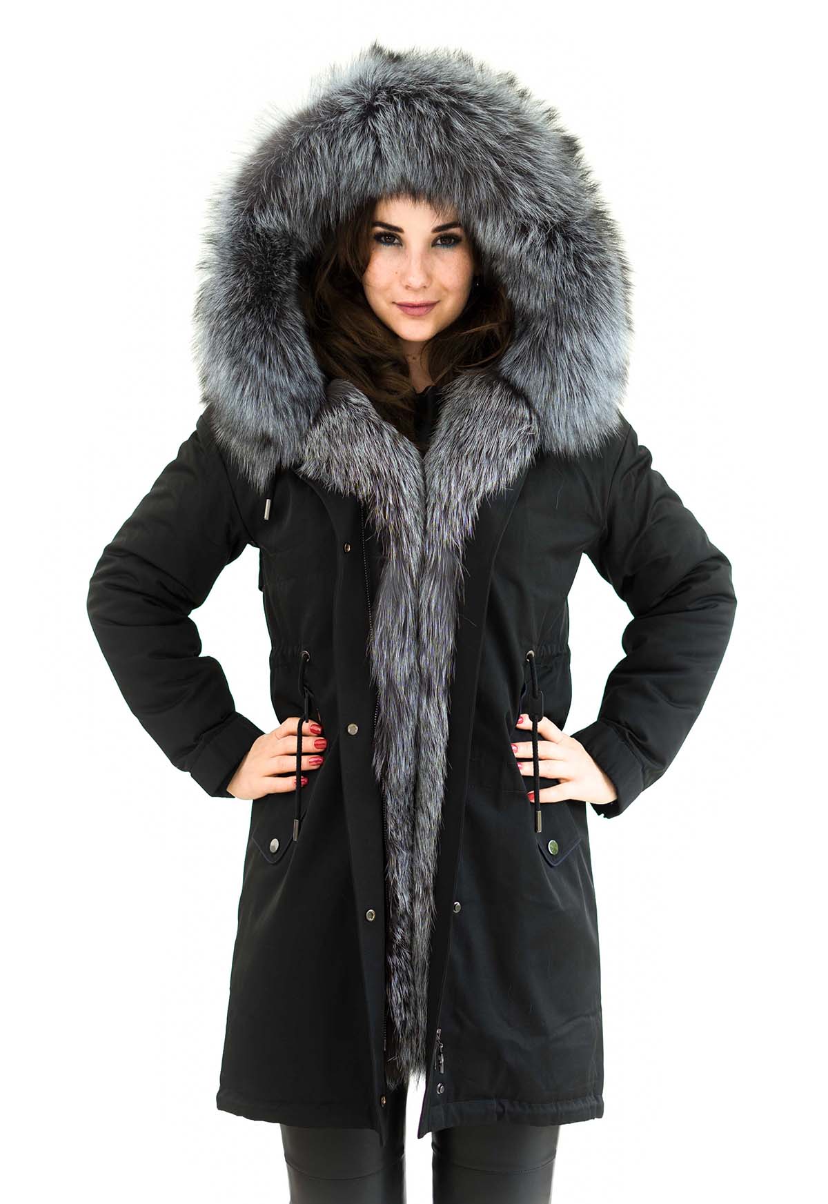 Parka mit Echtfell XXL Pelzkragen aus Silberfuchs