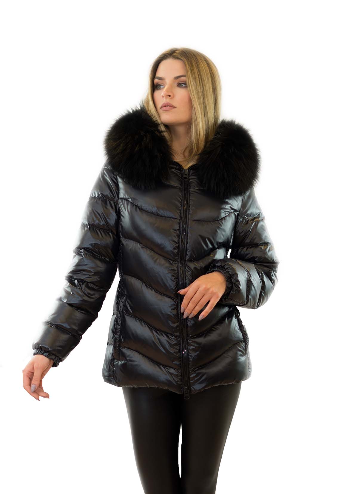 Pufferjacke mit Echtpelz Pelzkragen Finnraccoon Echtfell
