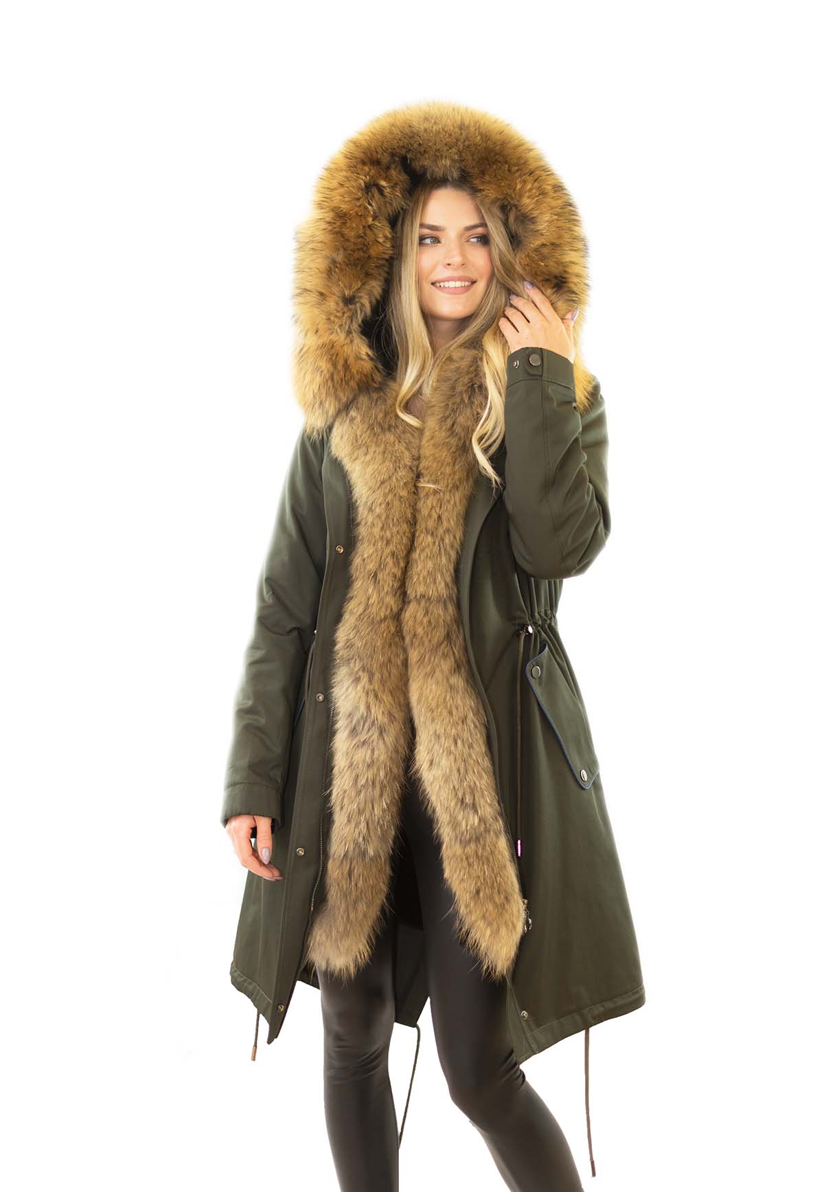 Parka Jacke mit XXL Pelzkragen Finnraccoon Innenfutter Rex Kaninfell