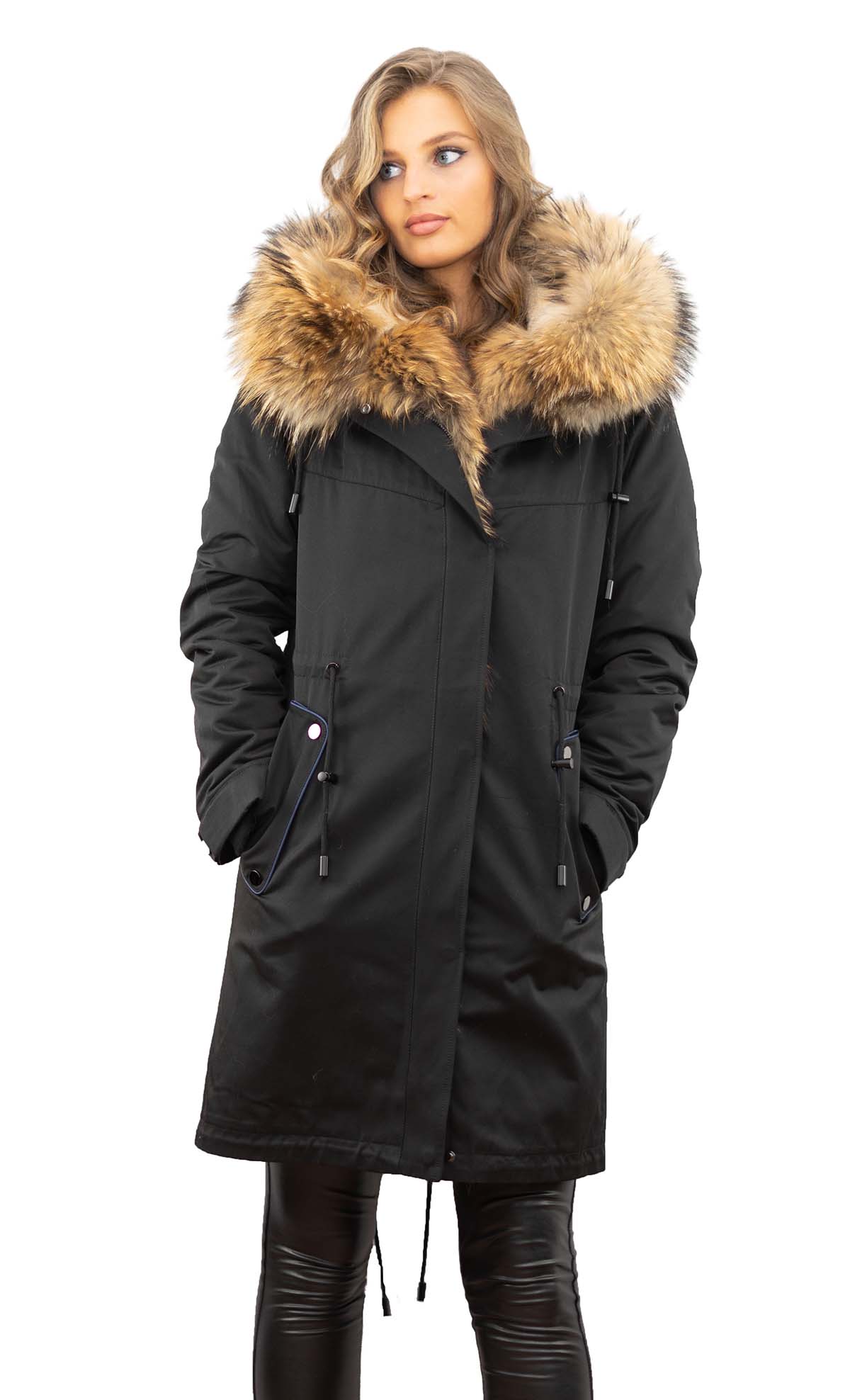 Parka mit Echtfell xxl Pelzkragen aus Finnraccoon Echtpelz Innenfell Rex Kaninfell