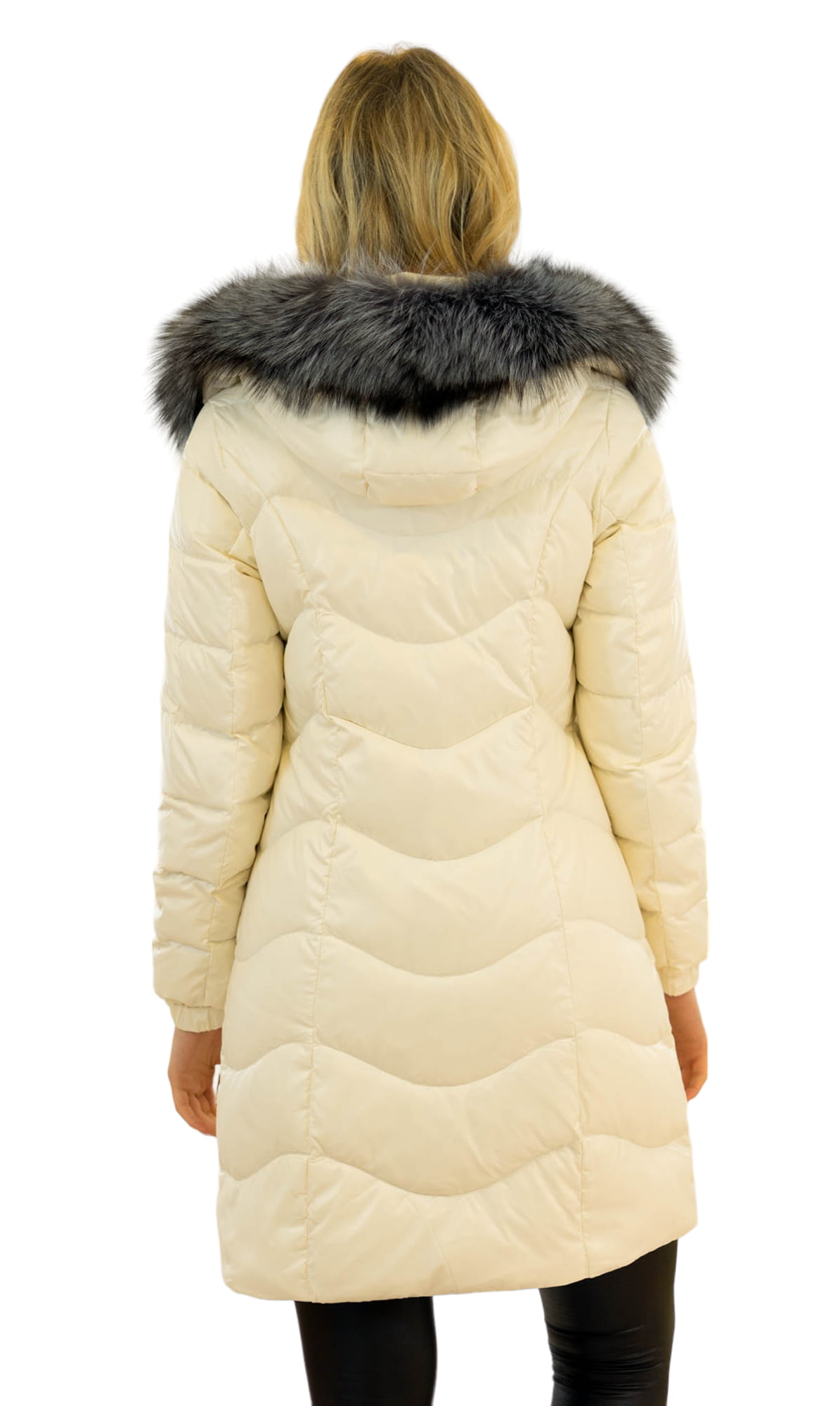 echtfell stilvoller beige daunenmantel mit echtem fellkragen silberfuchs
