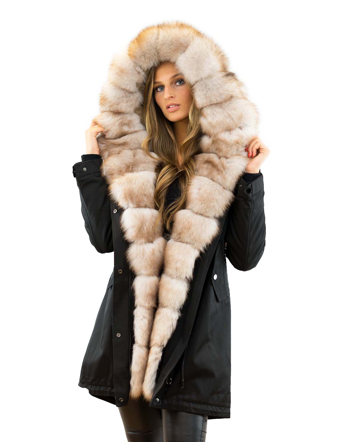 Winterparka schwarz mit Echtfell Pelzkragen Fuchs Echtes Fell Innenfutter Kaninfell